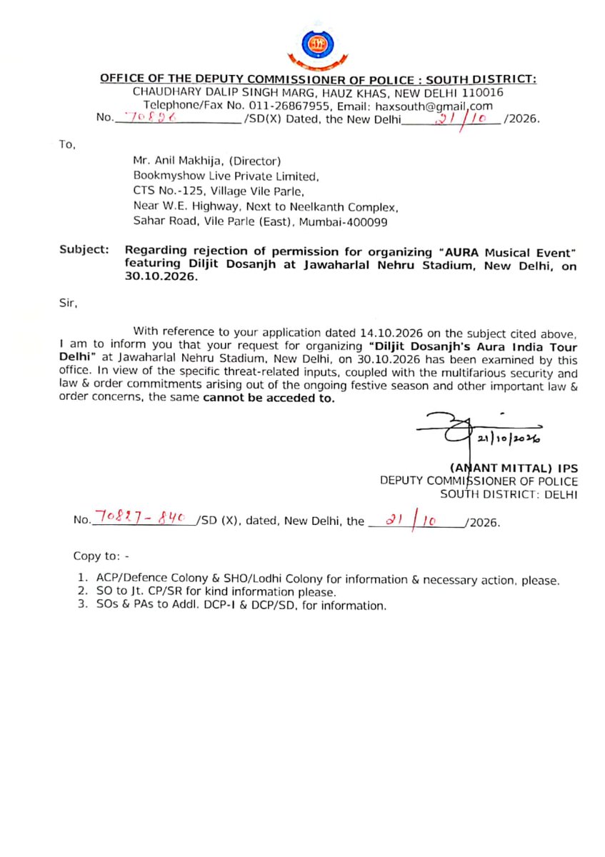 PTI_News's tweet photo. In a letter dated October 21, Deputy Commissioner of Police (South) Anant Mittal informed BookMyShow Live Private Limited Director Anil Makhija that the request to organise the "Diljit Dosanjh's Aura India Tour Delhi" concert had been examined but could not be approved.

"In view of the specific threat-related inputs, coupled with the multifarious security and law and order commitments arising out of the ongoing festive season and other important law and order concerns, the same cannot be acceded to," the letter stated.