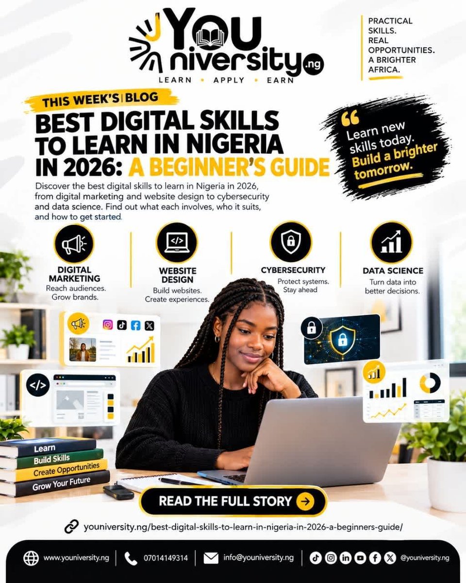 youniversityng's tweet photo. Not sure which digital skill to learn first? Explore digital marketing, website design, cybersecurity &amp; data science in our beginner's guide for Nigerian learners.

Read more: https://t.co/5eeCAR3boJ

#DigitalSkills #YouniversityNG https://t.co/FByXvjJ0gy