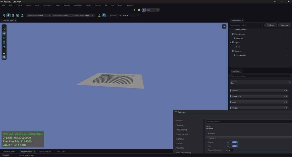 StarSignalDev's tweet photo. Finished implementing 'Flux' - a new attempt at a nanite(UE) like LOD of system. It uses mesh/compute shaders. #gamedev #indiedev #virtual3D see images for examples. img3/4 show it increases fps drastically in a scene with 1000 spheres each with 20k faces. https://t.co/0c8VCEcWkd