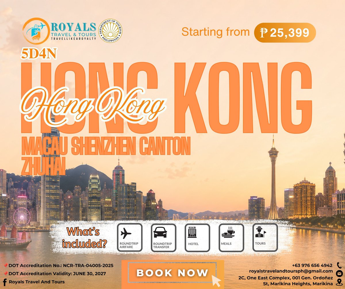 DangejTOsbor6Jr's tweet photo. Ready for an unforgettable 5D4N getaway? Explore Hong Kong, Macau, Shenzhen, Canton, and Zhuhai from ₱25, 399 per person. Includes airfare, transfers, hotel, meals, and tours. Reserve your slot with Royals Travel &amp; Tours. https://t.co/x0uZVXSrld