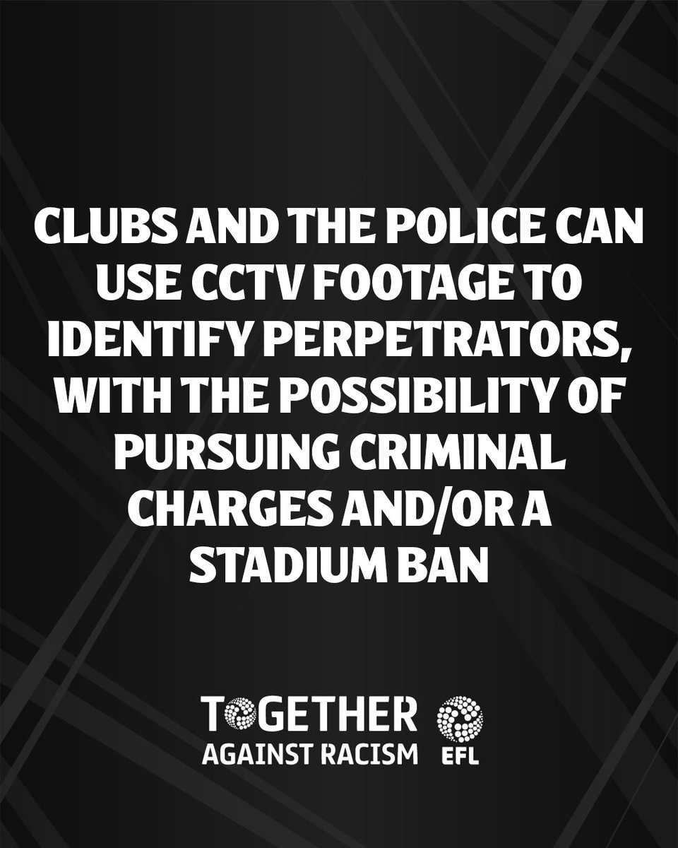 EFL's tweet photo. Do you know the action that can be taken at a game following a discriminatory incident?

If you witness racism, report it straightaway directly through your Club’s reporting channels.
 
Find out more here https://t.co/bHeD6YzQI3  
 
#TogetherAgainstRacism | #EFLTogether https://t.co/790O0fhWy3