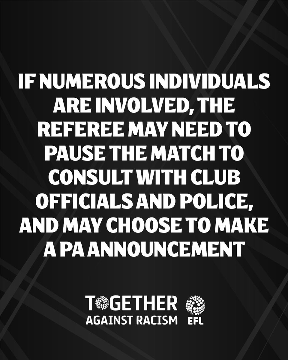 EFL's tweet photo. Do you know the action that can be taken at a game following a discriminatory incident?

If you witness racism, report it straightaway directly through your Club’s reporting channels.
 
Find out more here https://t.co/bHeD6YzQI3  
 
#TogetherAgainstRacism | #EFLTogether https://t.co/790O0fhWy3