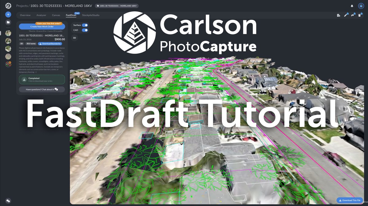 CarlsonSoftware's tweet photo. Looking to offload some drafting work? Check out this new Carlson PhotoCapture tutorial on FastDraft, a feature and service that allows users to select areas, describe what needs drafting in 2D or 3D, and order professional drafting services. 🎥https://t.co/3AzEAooM7F https://t.co/vD9dCcZR11