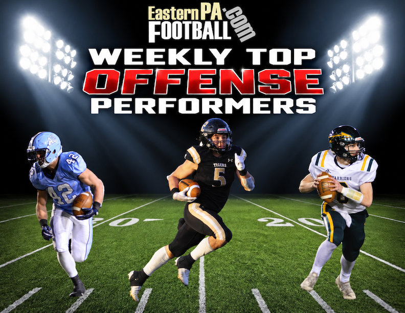 EPAFootball's tweet photo. Top Offensive Performers (October 15th-17th): Striba Breaks Notre Dame Receiving Record, Reber Rushes for 324 Yards and Six Touchdowns https://t.co/JtknHF44ku #PAHSFB @hsfbamerica https://t.co/lkoljU9HLB