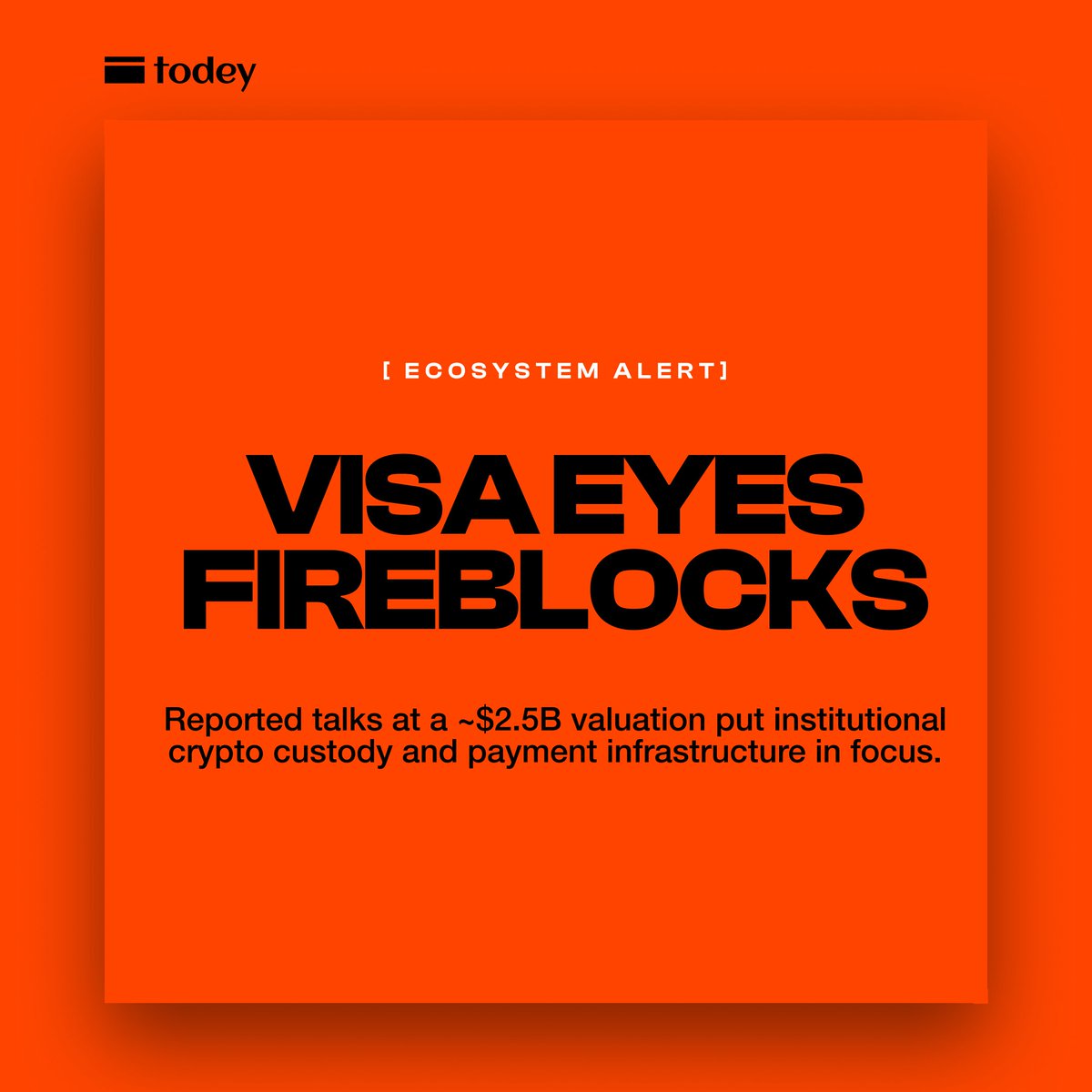 JoinTODEY's tweet photo. [BREAKING]

@Visa is reportedly in talks to acquire @FireblocksHQ for approximately $2.5B, according to Odaily. The report remains unconfirmed.

If completed, the deal would bring institutional custody and digital-asset transaction infrastructure closer to a global payments network.