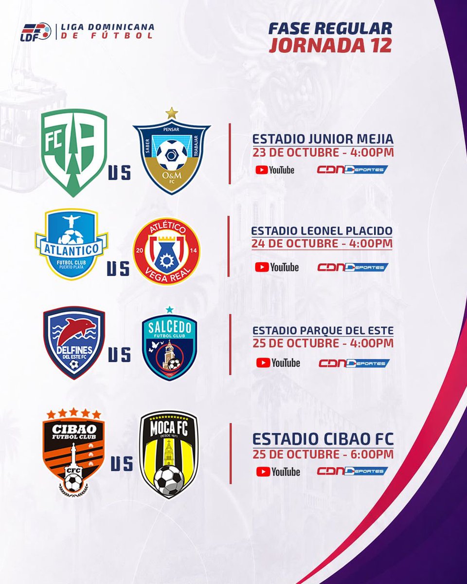 LDFcomdo's tweet photo. ¡La Jornada 12 entra en juego!⚽

Cuatro partidos abren un nuevo capítulo de la LDF 🔥

📅 Del 23 al 25 de octubre.

Repasa el calendario y dinos, ¿qué duelo no te vas a perder? 👇🏻

#Ldf #ldf2026 https://t.co/OW7jrG3ukG