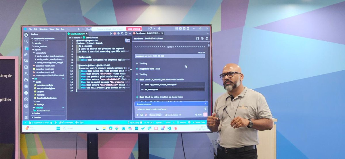 spurqlabs's tweet photo. At TechBrews by Entain India, Pune (17 Oct), our CEO Sandeep Garud ran 4 AI agents on one user story: unit, API, then UI gap finding. Result: very few, focused UI tests. Rutuja Raut showed AI agents driving OWASP ZAP. Thanks Entain India! #TechBrews #AI #SoftwareTesting https://t.co/fN1JWsfJKU