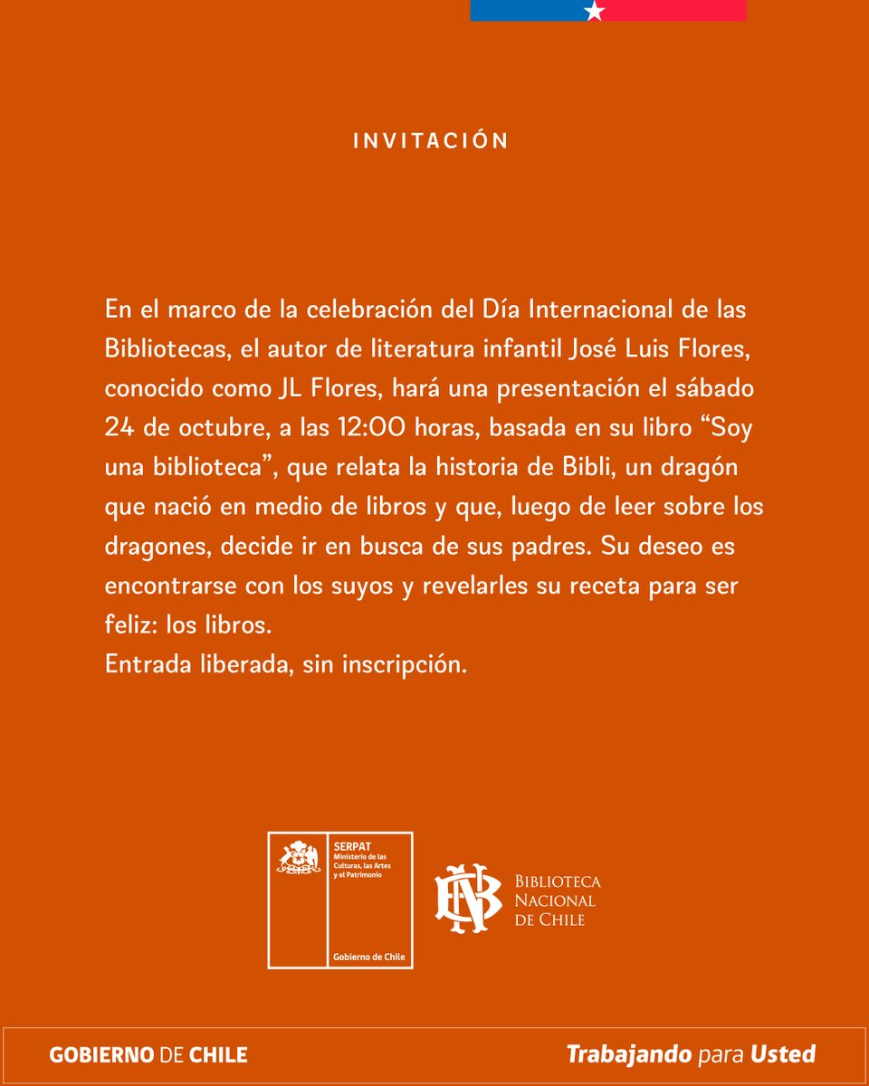 BNChile's tweet photo. Grandes y chicos celebran el Día de las Bibliotecas este sábado 24, a las 12:00 horas en la Sala Infantil de la Biblioteca Nacional.
En esta fecha especial conoceremos a "Bibli", un dragón que vivirá grandes aventuras.
Les esperamos.
Entrada liberada, sin inscripción. https://t.co/OdU9TEOVvv