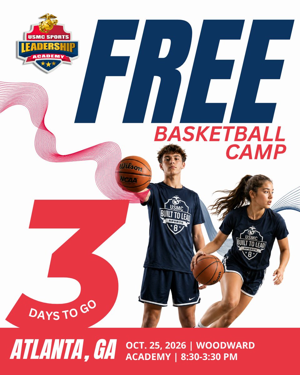 USMCSLA's tweet photo. 🏀 ONLY 3 DAYS until our FREE Atlanta Basketball Camp!
📅 Oct. 25, 2026
📍 Woodward Academy | College Park, GA
⏰ 8:30 AM to 3:30 PM
ℹ️ Ages 14-19 co-ed
Elite coaching, leadership training with the U.S. Marines, FREE lunch &amp; shirt + MORE ! 🔥REGISTER https://t.co/IaT4vnvgsF https://t.co/vq9jmAG5Ll