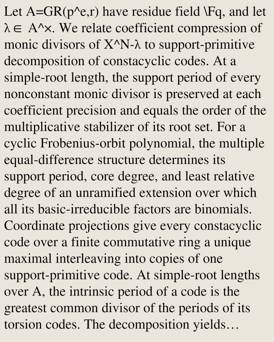 Encoding's tweet photo. Support periods of polynomials and support-primitive decomposition of constacyclic codes over Galois rings

Li Zhu, Hongfeng Wu
https://t.co/7pKXnaxI3F [𝚌𝚜.𝙸𝚃 𝚖𝚊𝚝𝚑.𝙽𝚃] https://t.co/Y26yoHrGAY
