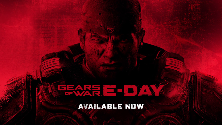 A red promotional image for **Gears of War: E-Day** shows an armored soldier facing forward, with the title and **“AVAILABLE NOW”** centered below. It reinforces the post’s enthusiastic invitation to **“Join the fight now”** via the link **xbx.lv/4z2QArJ**.