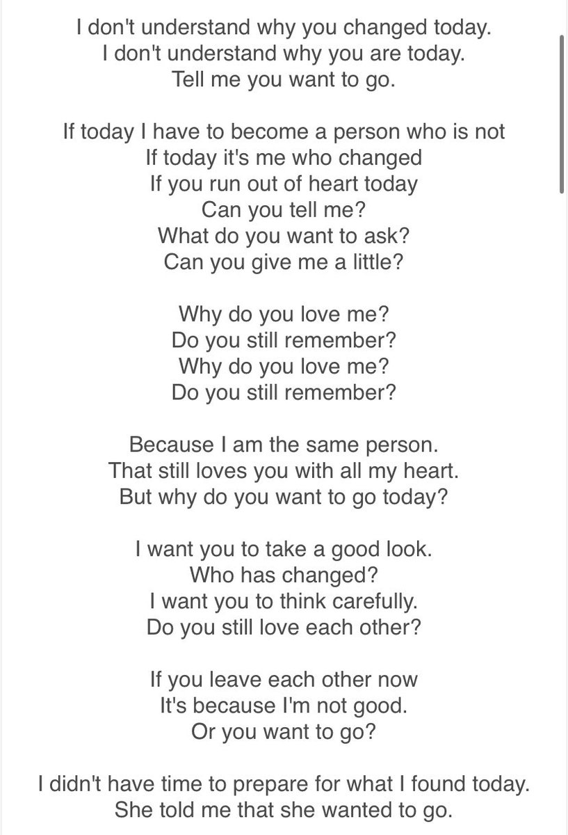 boomsapphic's tweet photo. The lyrics to the song he posted on B’s birthday

“Because I am the same person.
That still loves you with all my heart.”

And I wonder: if they are so heartbroken over each other, why did this have to happen?💔 https://t.co/pPHdl6nbda