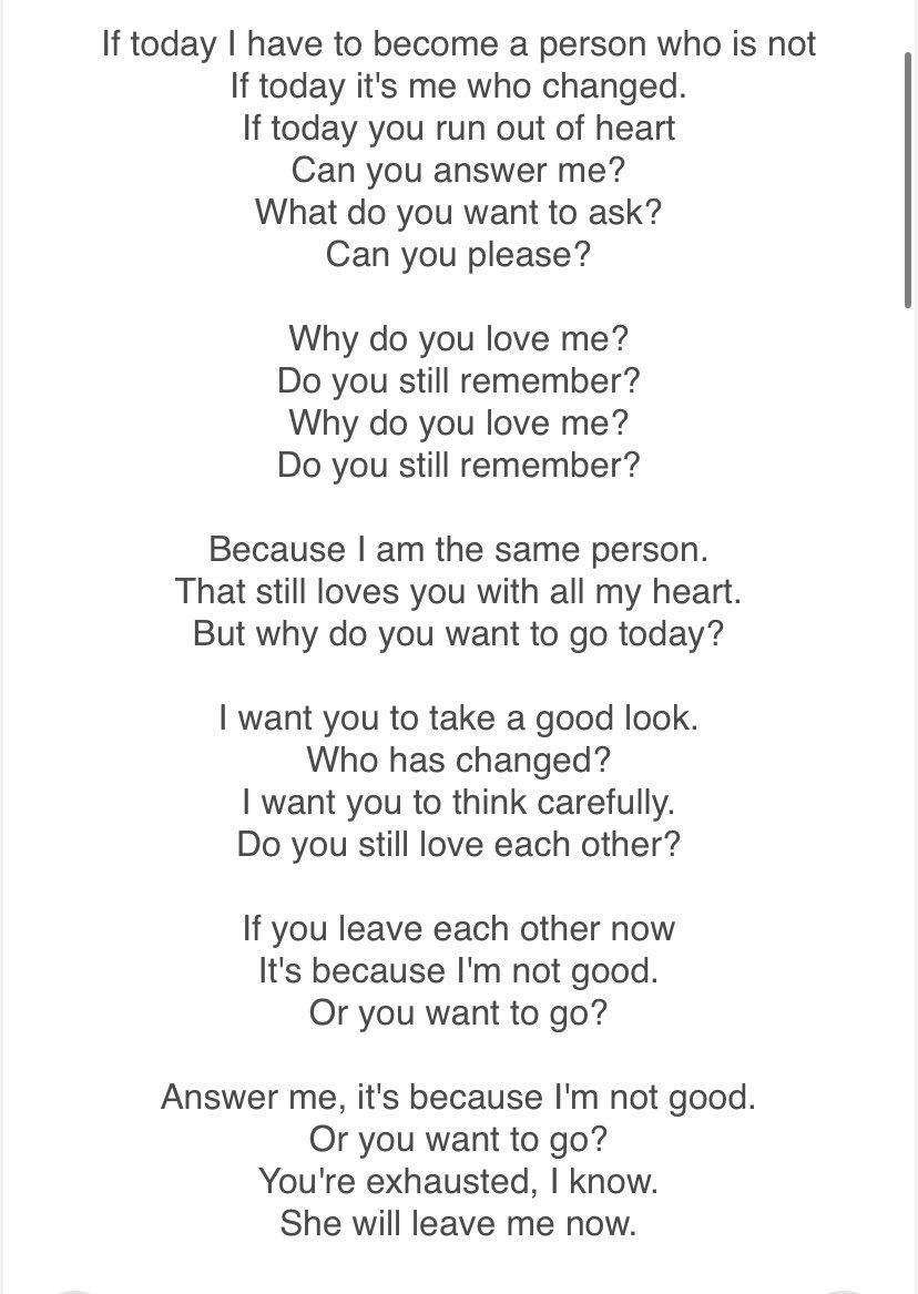 boomsapphic's tweet photo. The lyrics to the song he posted on B’s birthday

“Because I am the same person.
That still loves you with all my heart.”

And I wonder: if they are so heartbroken over each other, why did this have to happen?💔 https://t.co/pPHdl6nbda