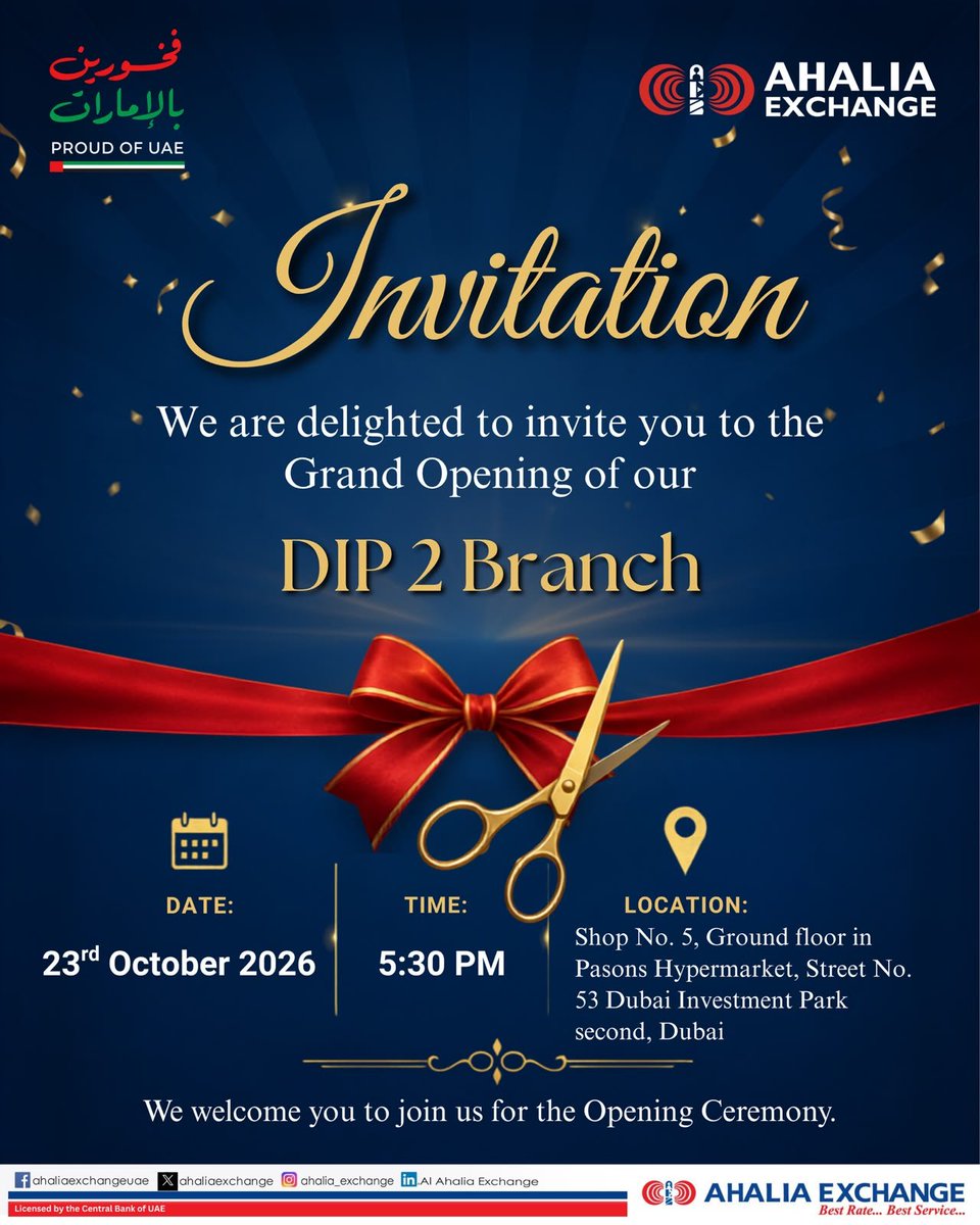 Ahaliaexchange's tweet photo. 🎉 You’re Invited!

Ahalia Exchange is delighted to invite you to the Grand Opening of our DIP 2 Branch! Join us as we celebrate this special milestone.

📅 23 October 2026
⏰ 5:30 PM
Location:  https://t.co/YWYQrhpC2Q

We look forward to welcoming you! https://t.co/XtgyBQX18A