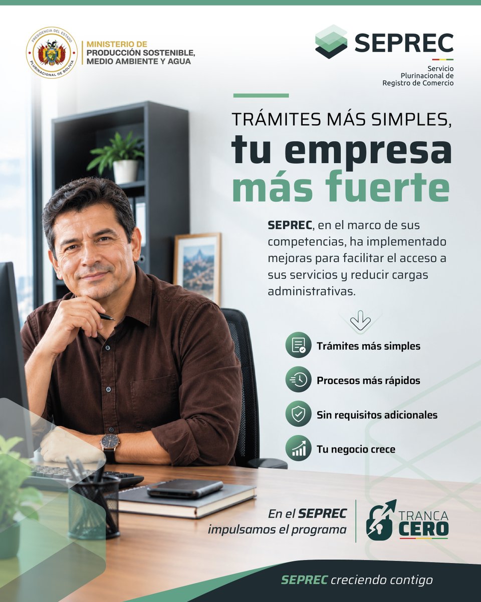 SEPRECBolivia's tweet photo. ⚡ ¡Trámites más simples, tu empresa más fuerte!
En el marco de Tranca Cero, el SEPREC impulsa procesos más ágiles, menos cargas administrativas y servicios modernos, sin requisitos adicionales.
🇧🇴 ¡Más facilidades para emprender y crecer!
#SEPREC #CreciendoContigo #TrancaCero https://t.co/EzRMydIyM4