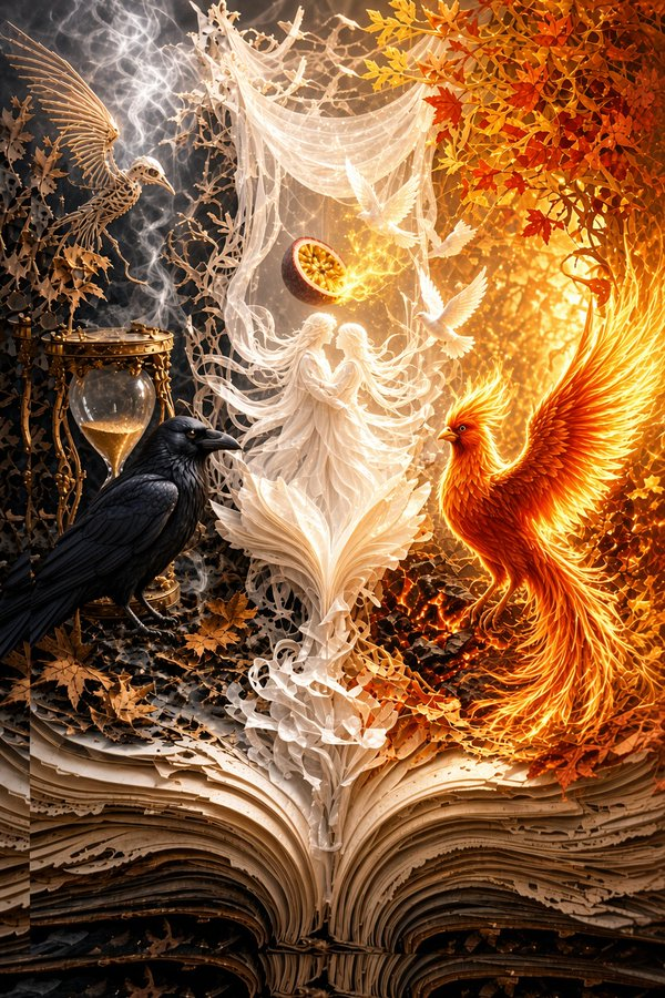 bionicanadian's tweet photo. #unspoken 
 Tag: @13thwordsmith and @bionicanadian 

Paperbook of autumn feelings
step from time's pages, an unfolding story
raven thinking nevermore
phoenix always rising
they're where autumn and midnight coalesce
into swirling affair of paper hearts
an hourglass timepiece!.. https://t.co/oLS0a4tD4s