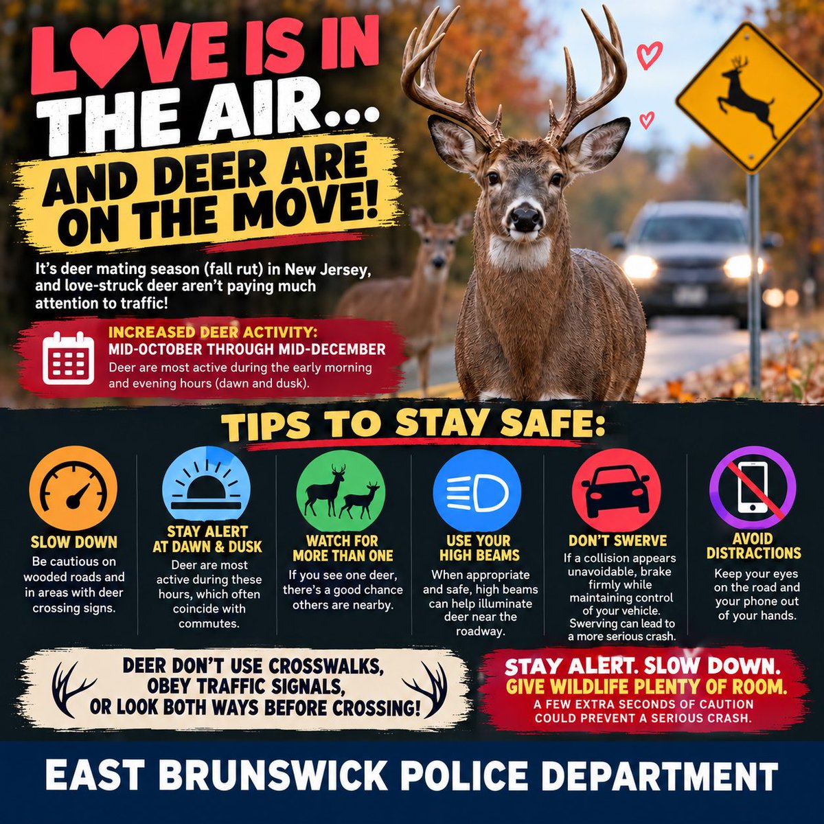 EBPDNJ's tweet photo. 🦌 LOVE IS IN THE AIR… AND DEER ARE ON THE MOVE! 🚗⚠️

It’s deer mating season in New Jersey, and love-struck deer aren’t paying attention to traffic! https://t.co/00Aa3TvF98
