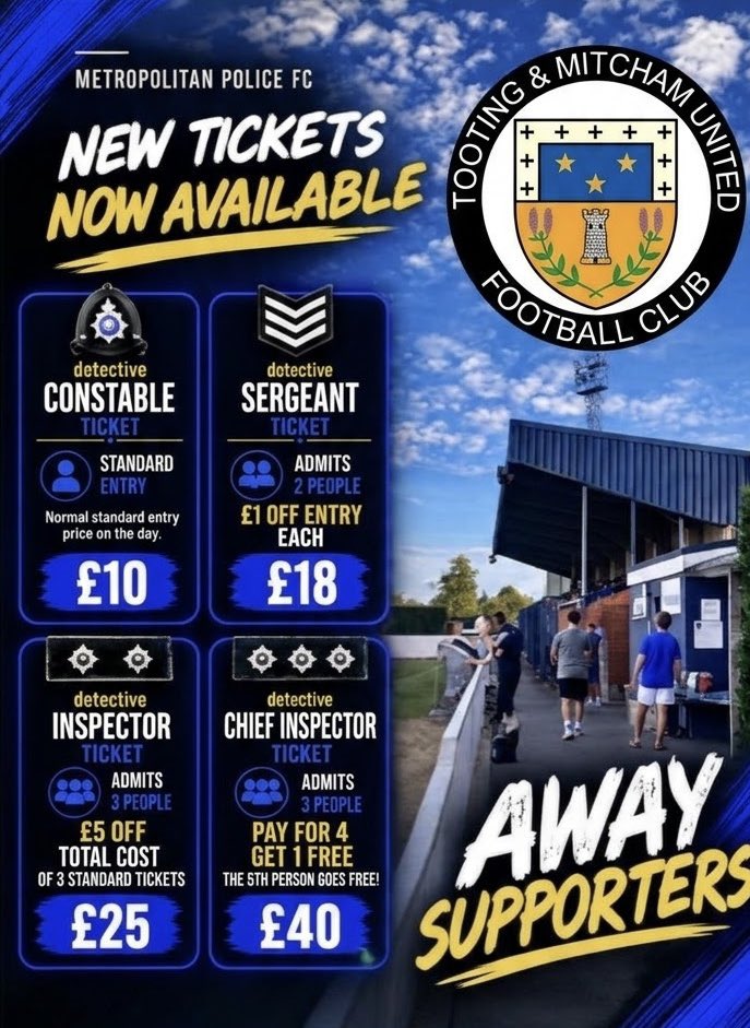 MetPoliceFC's tweet photo. Just For You Terrors Fans 🎟️
Arrive in your numbers Terrors fans &amp; make some noise whilst making a saving ! Simply state your rank at the turnstile 👮‍♂️💙⚽️ #UpTheMet @OfficialTmufc @ComCoFL https://t.co/LBLgdCUGZ9