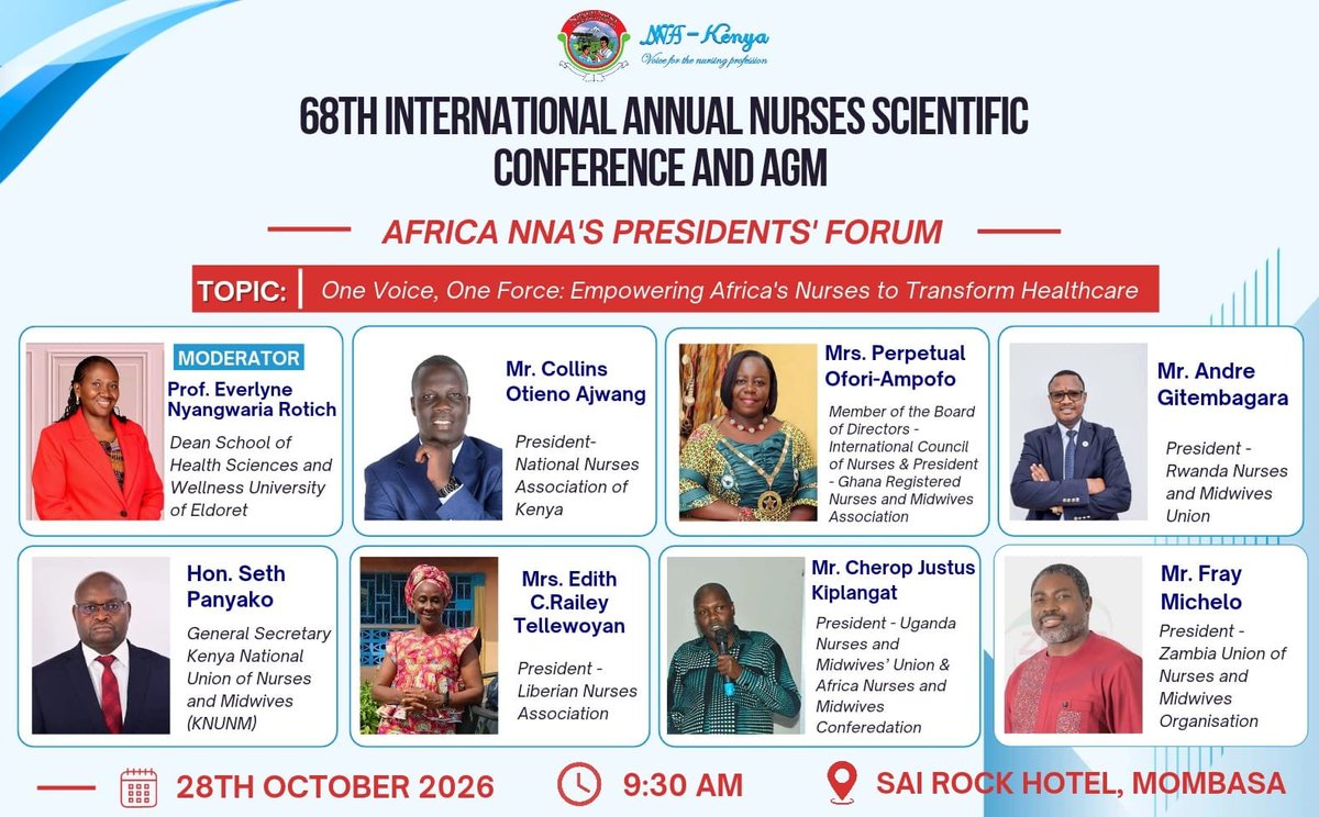 nnakenya's tweet photo. WADAU, THIS IS ONE FOR THE HISTORY BOOKS!!! 

One voice. One force. One powerful gathering of Africa’s nursing leaders. 

The Africa NNA’s Presidents’ Forum brings together influential nursing leaders from across the continent to share ideas, strengthen partnerships, and shape the future of healthcare.

Imagine being in the room where conversations that could transform nursing across Africa are happening. This is not a forum you want to hear about after it’s over. 

📅 28th October 2026
⏰ 9:30 AM
📍 Sai Rock Hotel, Mombasa

Wadau, mark your calendars and make that plan, Come be part of the conversations, the connections, and the change. Don’t just hear the stories afterwards. Be there to make history