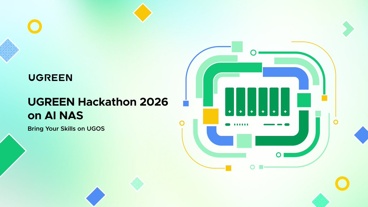devpost's tweet photo. Self-hosters, home lab tinkerers, anyone with a drive full of photos you can never find! We’ve got something new for you. UGREEN Hackathon 2026 on AI NAS is now open. A NAS is the small always-on box that stores your files and serves them to all your devices. @UGREENOfficial put AI on theirs and opened it up to developers. 👇