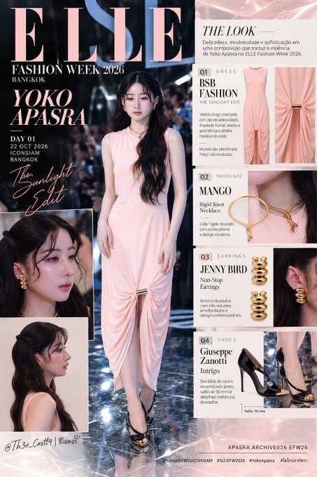 An ELLE Fashion Week Bangkok 2026 magazine-style layout features Yoko Apasra in a peach dress, with text including “DRESS BSF FASHION,” “NECKLACE MANGO,” “EARRINGS JENNY BIRD Non-Stop Earrings,” and “SHOES Giuseppe Zanotti Heritage.”