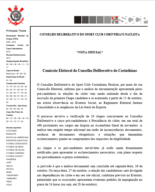 FabioLazaro_'s tweet photo. Comissão Eleitoral do Corinthians esclarece que segue analisando a documentação das candidaturas à presidência e ao Conselho. 

Previsão é que elas sejam publicadas na próxima terça-feira, 27/10, e que o período de pedido de impugnações ocorra dentro das 24h seguintes, 28/10. https://t.co/NAAnyCug01