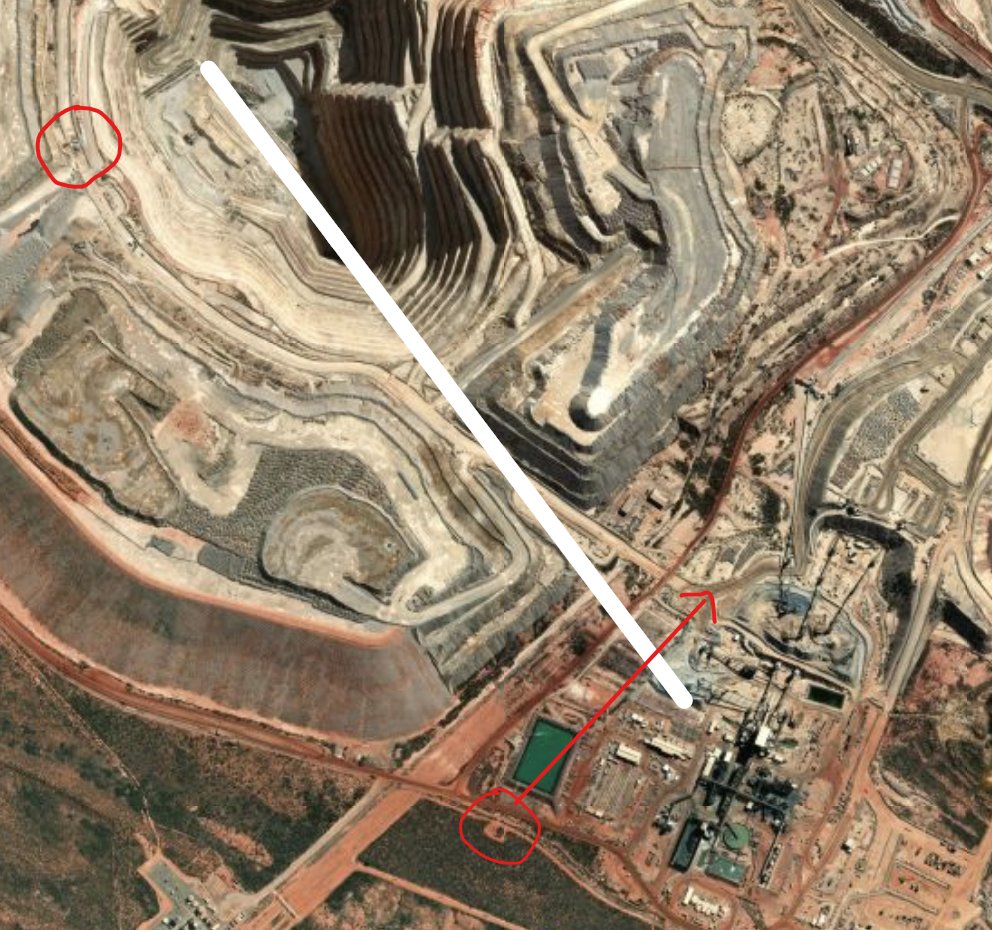 paddygall1's tweet photo. Circled bottom left is the drill pad where the pinnacles hole was collared - zoomed in picture shows a DD rig at the top of the WD pit

This will be testing for continuity from pinnacles back towards the WDU - collars about 1.6km apart 👀👀

#GGP $GGP @Greatland_GGP #WDD #Telfer https://t.co/TVVvhYV8yi