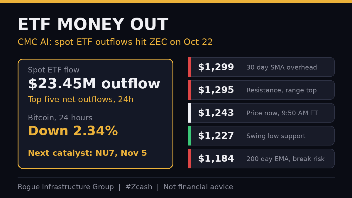 RogueInfra's tweet photo. Is ETF money leaving $ZEC? CMC AI flags about $23.45M in spot ETF outflows on Oct 22, among the biggest of any major coin, while Bitcoin slips about 2.3% before the Oct 28 Fed call. Desk watches the $1,227 swing low. Lose it and $1,184 is next. #Zcash Not financial advice. https://t.co/wG1HDrTjRD