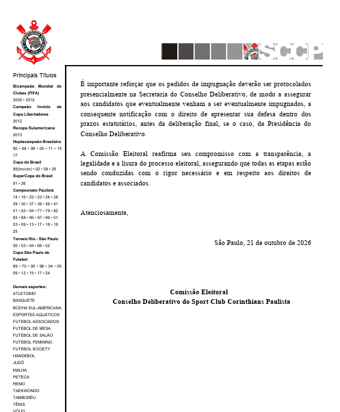 FabioLazaro_'s tweet photo. Comissão Eleitoral do Corinthians esclarece que segue analisando a documentação das candidaturas à presidência e ao Conselho. 

Previsão é que elas sejam publicadas na próxima terça-feira, 27/10, e que o período de pedido de impugnações ocorra dentro das 24h seguintes, 28/10. https://t.co/NAAnyCug01