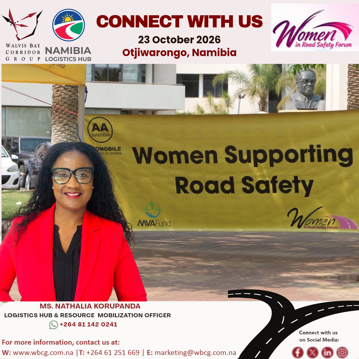 _WBCG's tweet photo. CONNECT WITH US| WOMEN IN ROAD SAFETY

On 23 October 2026, connect with the Walvis Bay Corridor Group (WBCG) represented by Ms. Nathalia Korupanda, at the Market Plein Lawn in Otjiwarongo, partaking in the Women in Road Safety Campaign, aimed at offering practical skills and knowledge in promoting road safety. 

The Women in Road Safety Campaign in Otjiwarongo provides WBCG with an opportunity to participate in the programme and host an exhibition stand. Through direct engagement, information sharing and the display of relevant materials, WBCG can promote road safety, showcase its corridor-safety initiatives and strengthen its visibility among stakeholders and members of the public.

#WBCG #WomenInRoadSafety #CorridorSafety #Compliance #VehicleMaintenance #AANamibia #MVAFund #NRSF #OtjiwarongoMunicipality