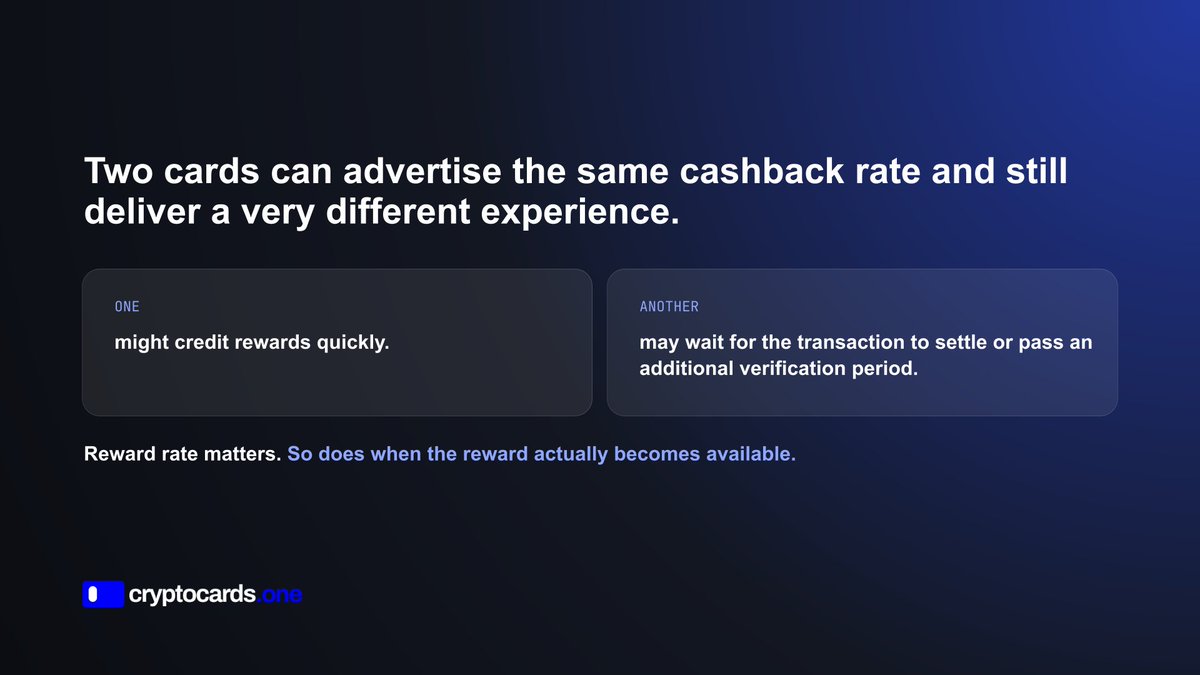 cryptocardsone's tweet photo. A cashback rate doesn’t tell you how quickly you can actually use the reward.

When comparing crypto cards, check:

• when rewards move from pending to available
• whether settlement is required first
• whether there’s a lock or verification period
• minimum claim or withdrawal requirements
• what happens if the original transaction is refunded

5% available quickly can be a very different experience from 5% you have to wait to access.

Reward mechanics matter, not just reward rates.
