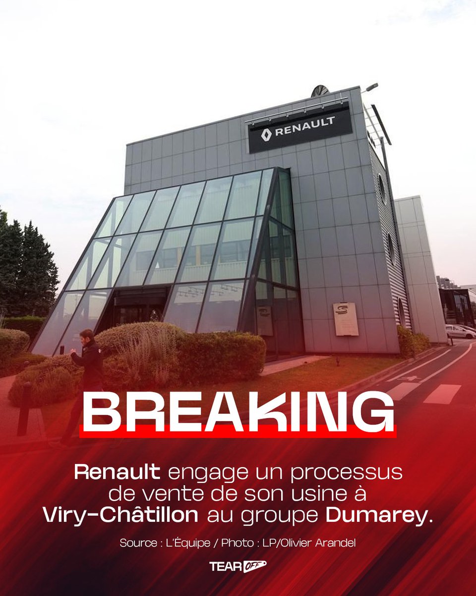 TearOffFR's tweet photo. 🚨 OFFICIEL !

Le groupe Renault annonce engager un processus de vente dans le but de céder son usine à Viry-Châtillon au groupe belge, Dumarey, à la fin de cette année 2026 😢

Le groupe belge Dumarey est spécialisé dans les systèmes de propulsion et d'injection de carburant dans le domaine de l'automobile.

💬 "Ce projet permettrait de pérenniser et de renforcer à la fois les compétences des salariés du site et la qualité de ses installations techniques, en s'appuyant sur l'expertise de pointe unique du site de Viry-Châtillon.

Le projet de transaction a été présenté ce jour aux représentants du personnel d'Alpine Racing SAS lors d'un CSE extraordinaire. Une procédure de consultation est lancée dont le résultat sera rendu à l'occasion d'un prochain CSE."

Comme le fait comprendre le communiqué, le projet porte également sur la reprise de l’ensemble des salariés encore présents à Viry-Châtillon.

(🗞️ via @lequipe / #F1)