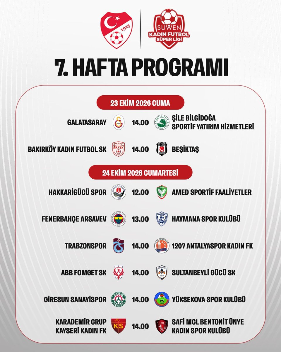 TFF_Org's tweet photo. Suwen Kadın Futbol Süper Ligi’nde 7. haftanın programı. 👇 https://t.co/TyfqsXsKNa