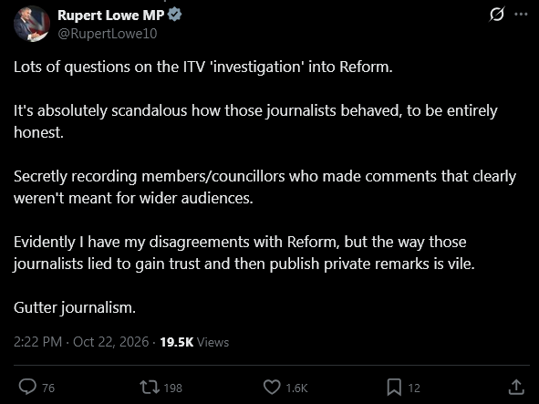 Politocrit1's tweet photo. The penny FINALLY drops for Alistair that journalists are probably investigating Restore Britain too👇🤣 https://t.co/3dREUlknDl