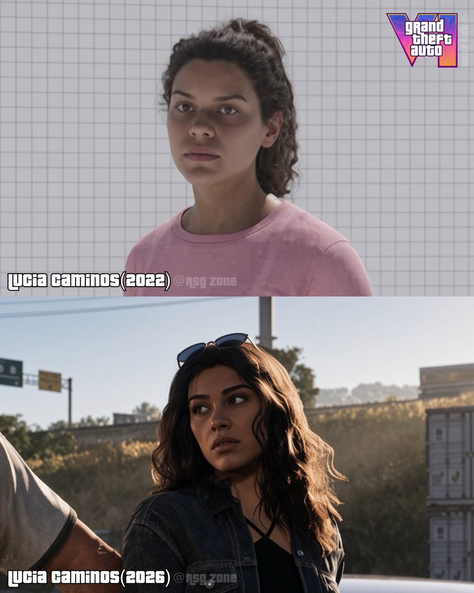 yellowgabino's tweet photo. Lucia’s character evolution from 2022 to the latest #GTAVI footage is INSANE. https://t.co/raucpAW8Fd