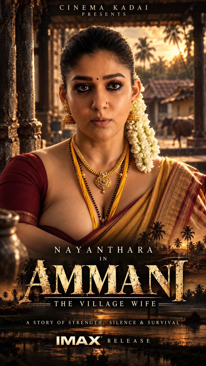 cinemakadaiz's tweet photo. AMMANI: The Village Wife. ❤️‍🔥

Nayanthara In✨ 
Cinema Kadai Presents 🔥 

The village knows her name and her story and her struggle ❤️‍🔥🥵

This is AMMANI 🌾🔥 IMAX Release

⚠️ AI-generated fictional poster. Not an official movie announcement.

#NayanVerse #Nayanthara #Nayan #Kollywood #TamilCinema #Viral