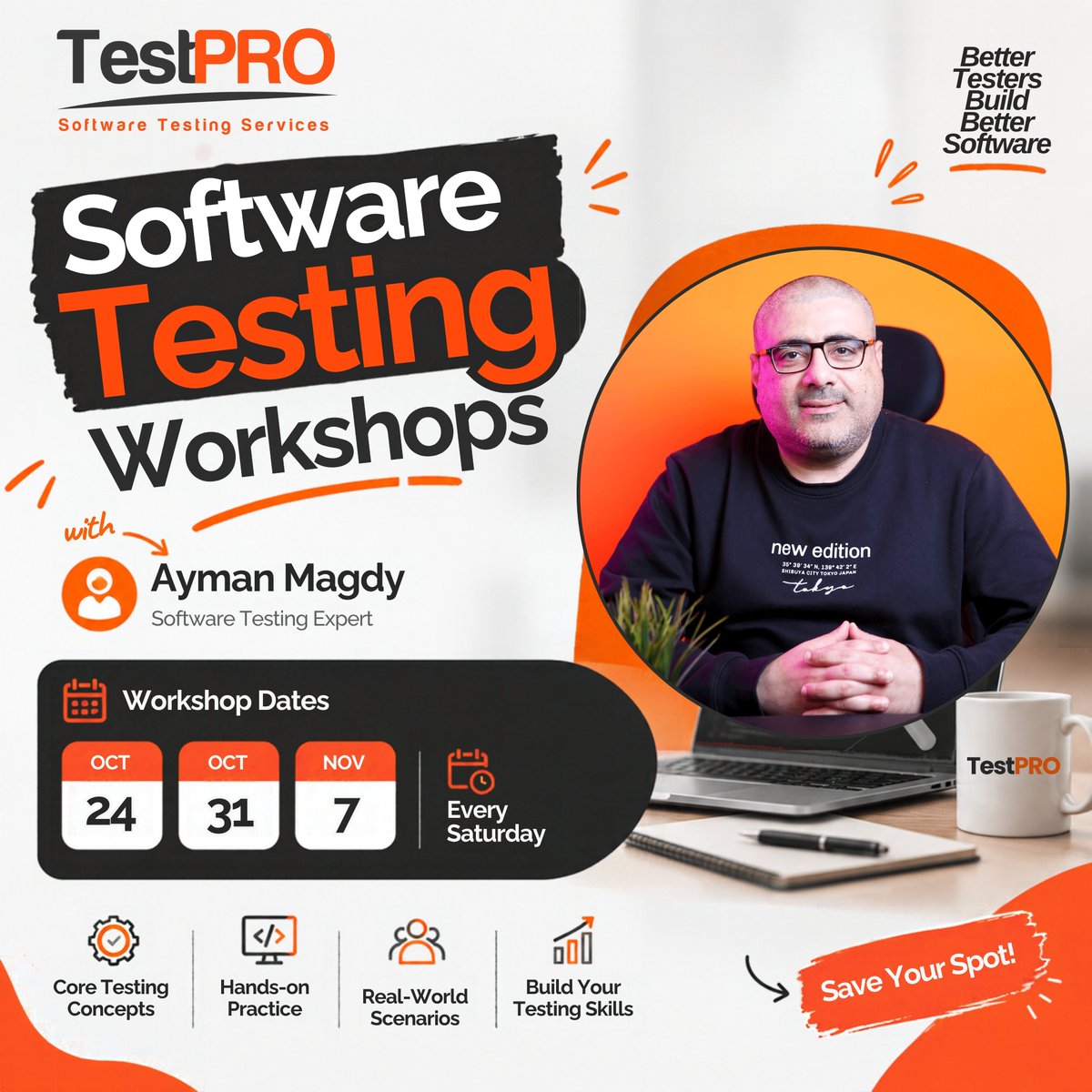 testproeg's tweet photo. Ready to Put Your Software Testing Skills into Practice?
👨🏫 Trainer: Ayman Magdy
Schedule: 24 & 31 October and 7 November (Every Saturday)
📩 Register today and reserve your place!
🔗 https://t.co/caDmV8vdHC
#TestPRO #SoftwareTesting #QA https://t.co/VMpPyPDdiL