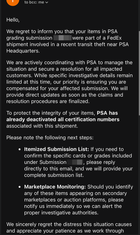 PokeSignals's tweet photo. I didn't want to share this originally, but I think I have to...

My latest PSA submission was part of the @FedEx delivery truck theft. 

All the certs have already been de-activated, the cards will never be seen again. I really hope that both PSA and FedEx do the right thing not only for me, but everyone who is affected by this.