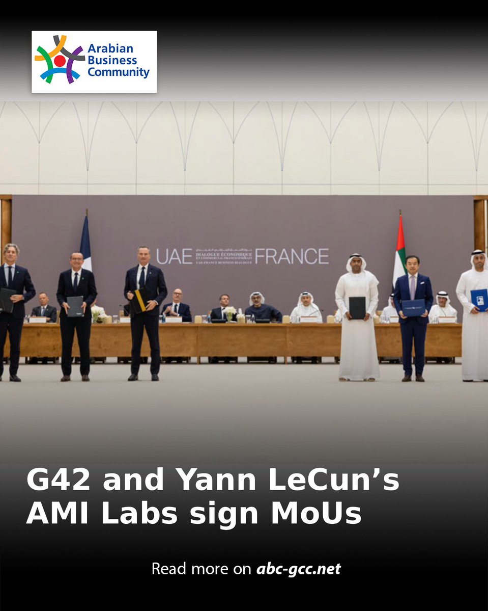 ABCinGCC's tweet photo. G42, the Abu Dhabi-based global technology group, and its portfolio company Analog have signed memoranda of understanding (MoUs) with Advanced Machine Intelligence.
Read more on https://t.co/7l1GJHJzen
#ABCNews #AbuDhabi #G42 #Technology #Mous #MachineIntelligence https://t.co/HAhpBhBdLU