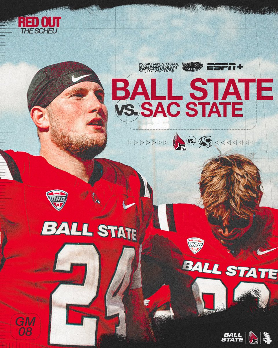 BallStateFB's tweet photo. Red Out the Scheu 🔴

Ball State 🆚 Sac State 🔜 https://t.co/b0y3WUE1r3