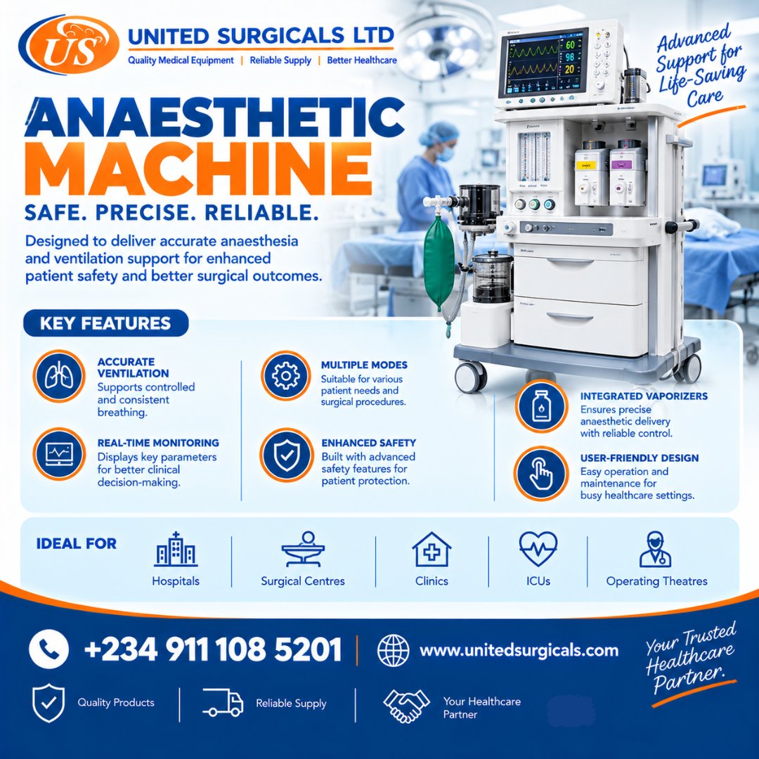 Surgical_U's tweet photo. π₯ ANAESTHETIC MACHINE | SAFE. PRECISE. RELIABLE.
Medical equipment solutions for hospitals, surgical centres & operating theatres. Features vary by model and configuration.
π +234 911 108 5201
π https://t.co/RSXcV9qc3Q
ENQUIRE TODAY!
#AnaestheticMachine #MedicalEquipment https://t.co/tvkp2hr1D2