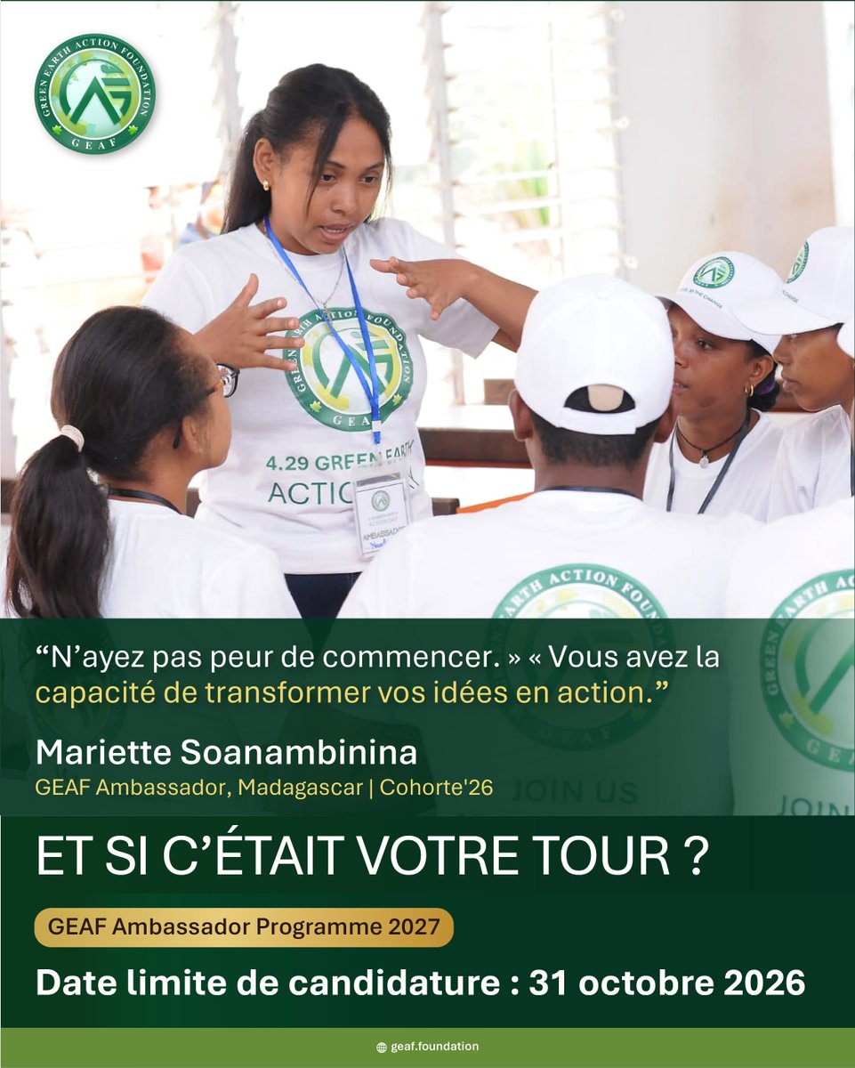 geaffoundation's tweet photo. ET SI C’ÉTAIT VOTRE TOUR ? Devenez GEAF Ambassador, Menez l'action climatique au sein de votre communauté. Postulez dès maintenant - https://t.co/8zH3z2k7aQ
#JeunesPourLaPlanete #LeadershipClimatique #GEAFambassador #greenearth #GEAF #ActionClimatique #climatechange #Keep1Point5Alive #GreenEarthActionFoundation