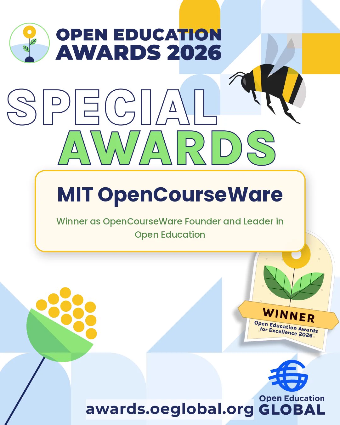 Open Education Awards 2026 graphic for the Special Awards category, illustrated with a bee and a flower. Includes a WINNER badge and the Open Education Global logo on a geometric blue and gold background. Winners name highlighted within a yellow box with a gold border.