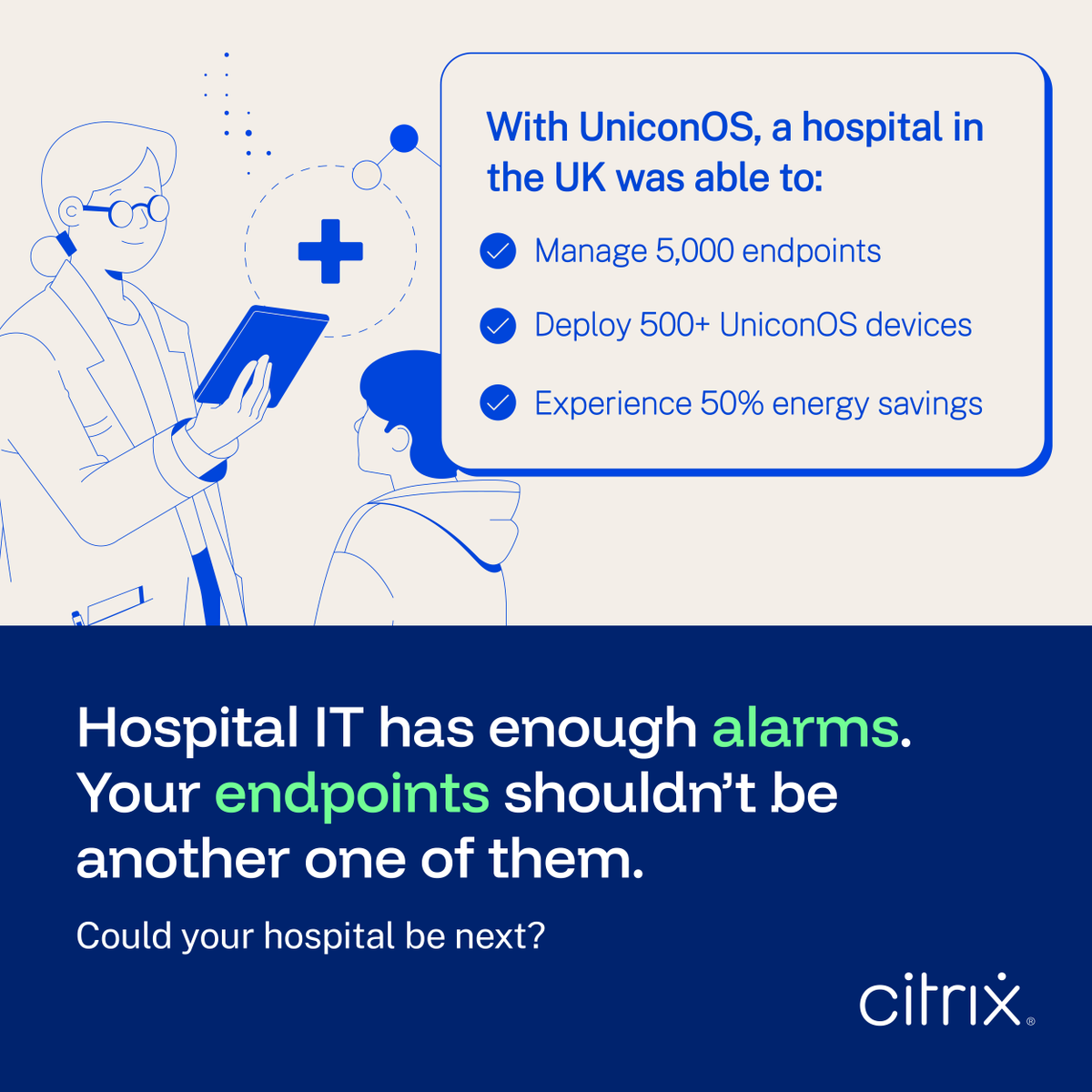 citrix's tweet photo. #HealthcareIT has enough alarms. Endpoint OS complexity does not need to become one of them. 

See how a hospital approached endpoint simplicity with Citrix #UniconOS: https://t.co/cVofPPrVVL https://t.co/Xg5TtoFYxL