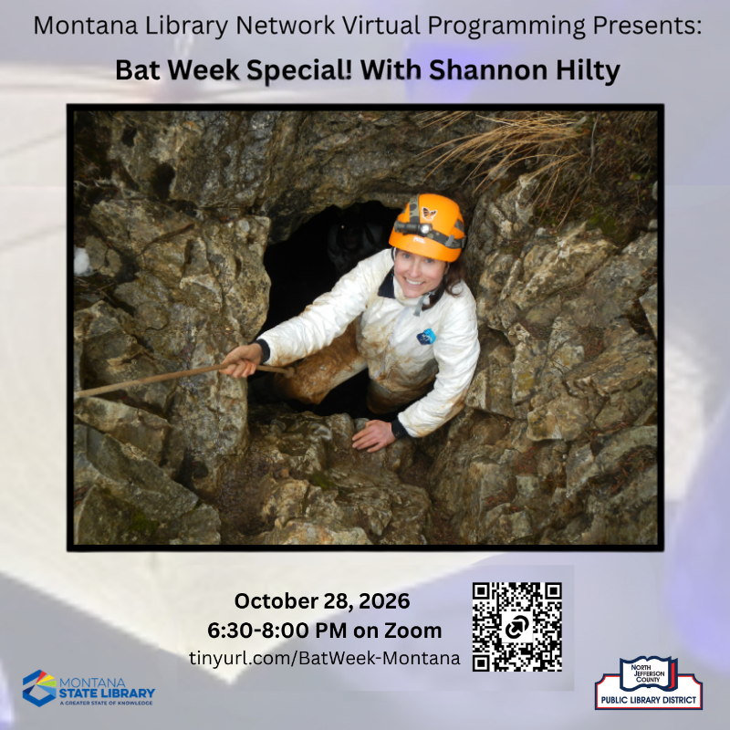 NorthJeffCo's tweet photo. Bat Week is coming! 🦇 Join Montana FWP’s bat biologist Shannon Hilty for a behind-the-scenes look at some of Montana’s most fascinating creatures! 

🗓 Oct 28 | 6:30–8 PM | Free on Zoom  
Register: https://t.co/jCCSCPp1jR

#BatWeek #NorthJeffCo #BatConservation #LibraryEvents https://t.co/yPsRZH9wik