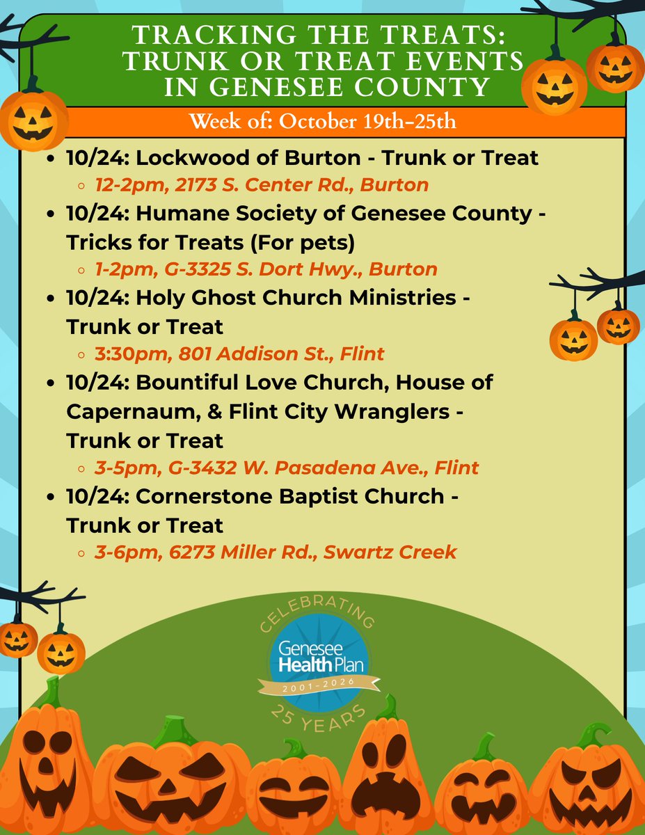 GeneseeHealth's tweet photo. Happy Halloween! 🎃 Looking for spooky fun for your little ones?
We've got a full list of Trunk or Treats &amp; Halloween events in Genesee County—every week in October! 🍬
For more info.: https://t.co/42encbKK6k
#GeneseeCounty #FamilyFun #OctoberEvents #Flint #GeneseeHealthPlan https://t.co/QZbpIFy9wR