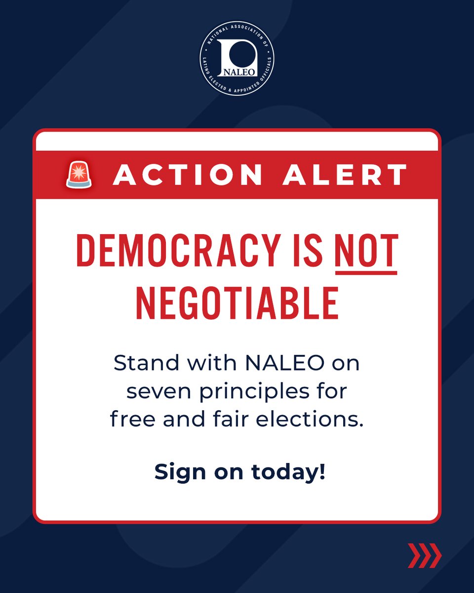 NALEO's tweet photo. Our democracy is not negotiable. 🗳️

NALEO’s Board Officers established 7 elections principles that don’t bend to party, power, or the stakes of any race.

Sign the NALEO Elections Principles ✍🏽 ➡️ https://t.co/0f1tbLYxuM https://t.co/bVzJkbf43E