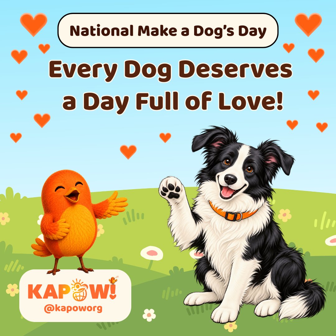 KapowOrg's tweet photo. 🐶🐾 HAPPY NATIONAL MAKE A DOG'S DAY! 🧡

Meet Pawsley! He's waving a happy paw to remind everyone that EVERY DOG DESERVES A DAY FULL OF LOVE! 🐾✨

Spread some PAWS-ITIVITY today! 🐦🐶

#NationalMakeADogsDay #BeKAPOW #KAPOW https://t.co/cCD4xV2iNX