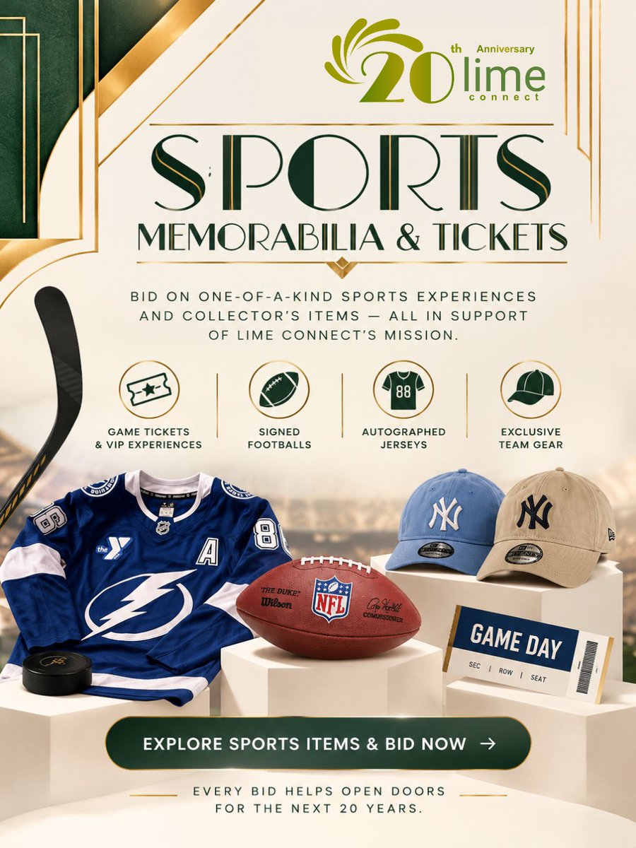 limeconnect's tweet photo. Some of the most coveted items in sports don’t end up on shelves. Lime Connect is celebrating 20 years of opening doors for talented students and professionals with disabilities with a silent auction! 

Bidding closes November 5th at 7:30 PM ET. Bid now at https://t.co/Ec9kTtbeUD https://t.co/cLN4ikypMx