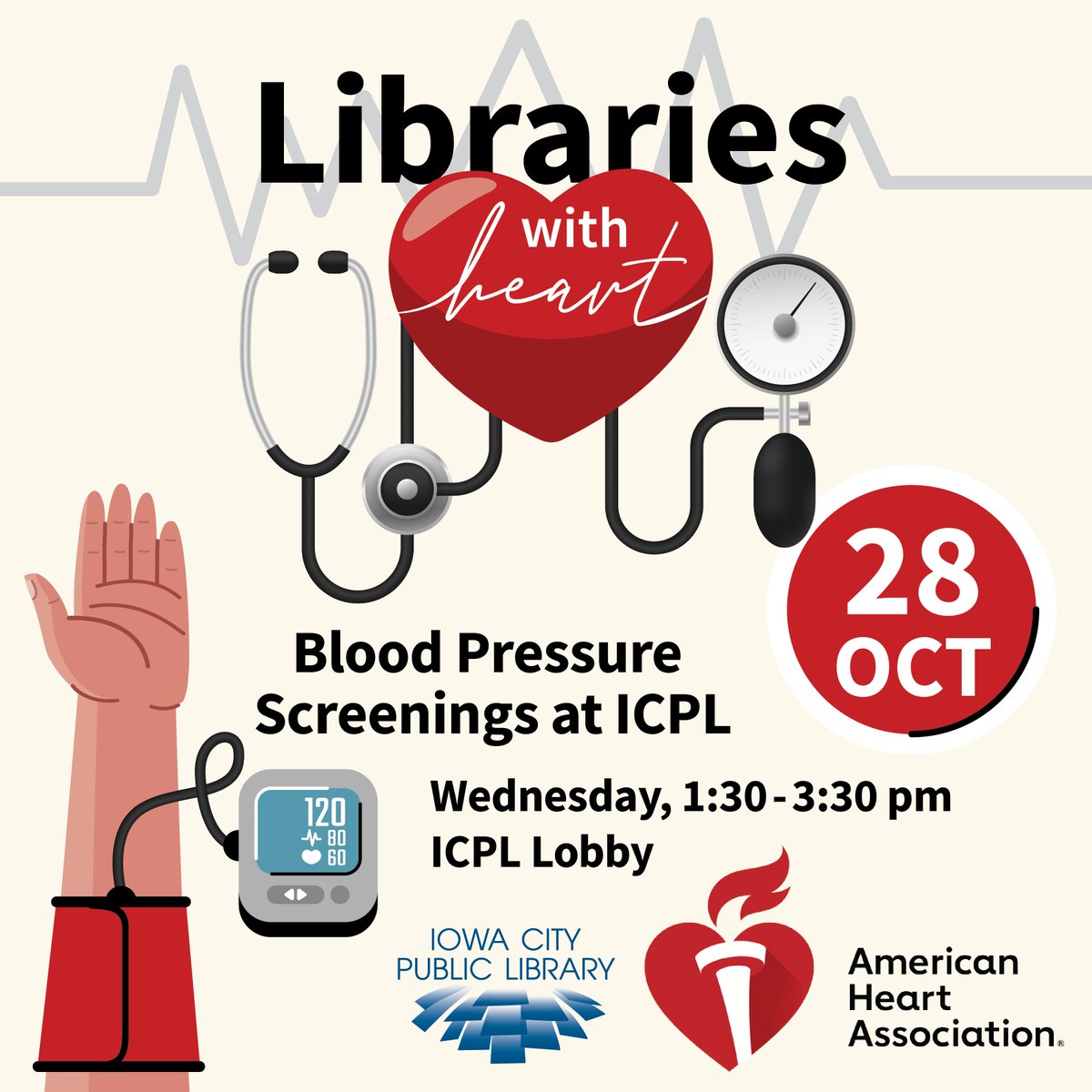 ICPL's tweet photo. Stop by the ICPL Lobby for a free blood pressure screening on Wednesday, Oct. 28, from 1:30 to 3:30 p.m. No appointment is needed! https://t.co/tWVESoS6J6 https://t.co/UARANiBcAt